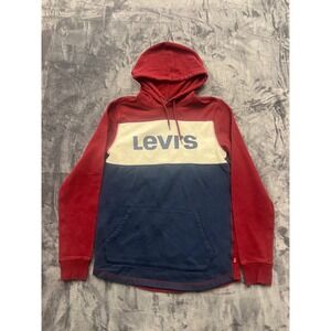 Levi's Colorblock Logo Hoodie Mens Small Red Blue Cream Fleece Pullover